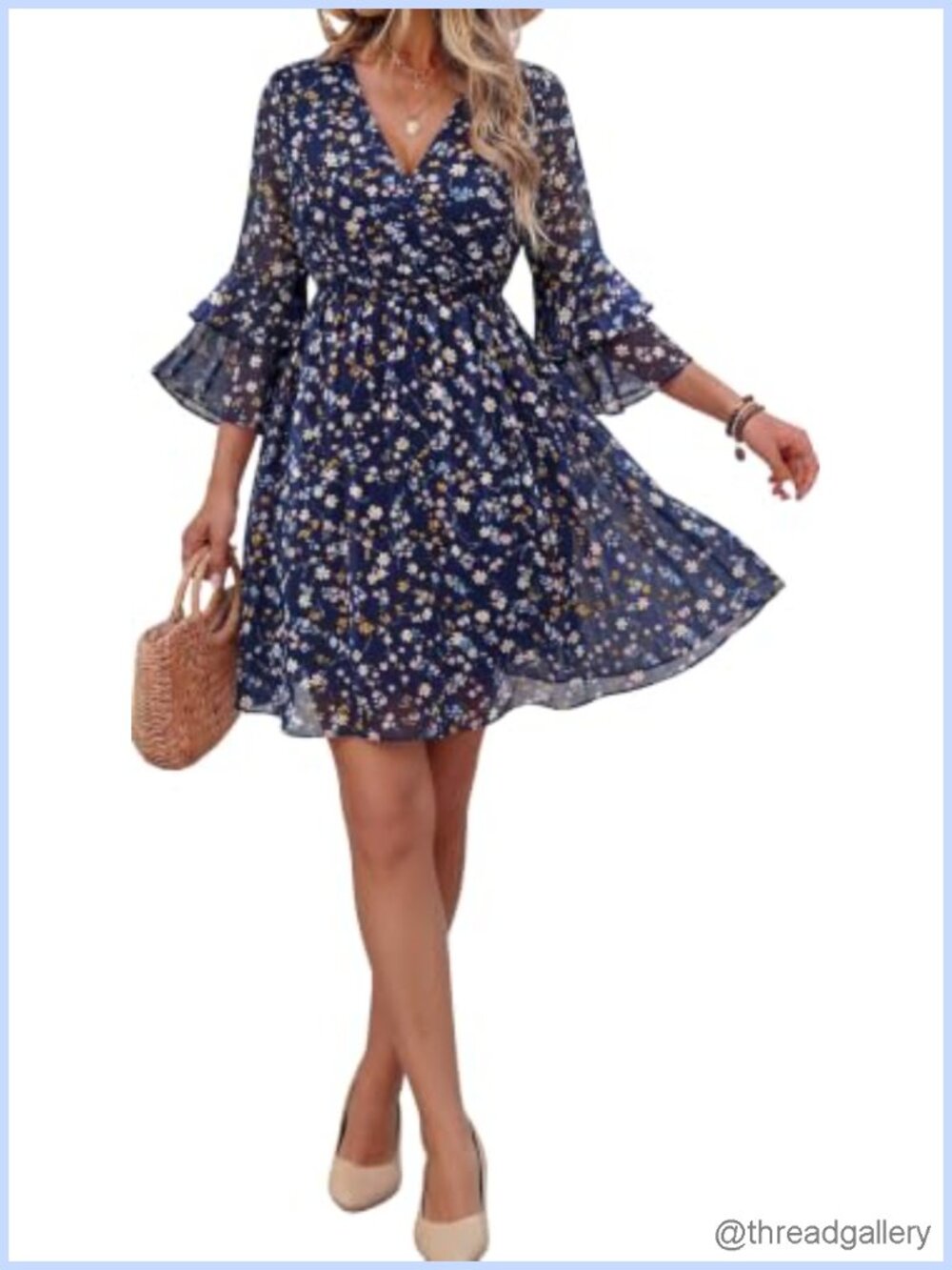 Womens Chiffon Floral Wrap Dress 3/4 Ruffle Sleeve V-Neck Knee-Length Casual